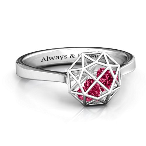 Diamond Cage Ring with Encased Heart Stones – Sterling Silver with Ruby