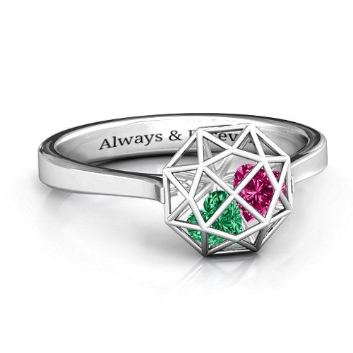 Diamond Cage Ring with Encased Heart Stones – Sterling Silver with Emerald and Ruby