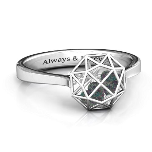 Diamond Cage Ring with Encased Heart Stones – Sterling Silver with Alexandrite