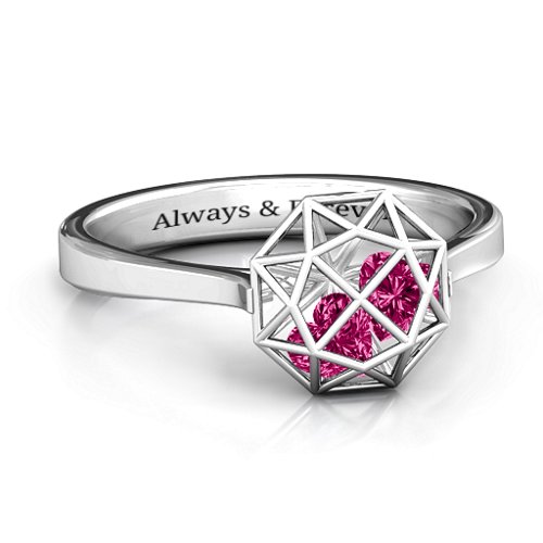 Diamond Cage Ring with Encased Heart Stones – Sterling Silver with Ruby