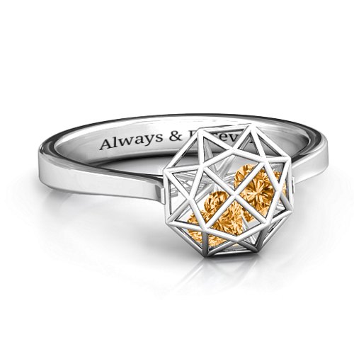 Diamond Cage Ring with Encased Heart Stones – Sterling Silver with Citrine