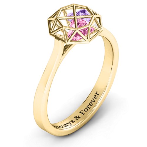 Diamond Cage Ring with Encased Heart Stones – 10K Yellow Gold with Pink Tourmaline and Amethyst