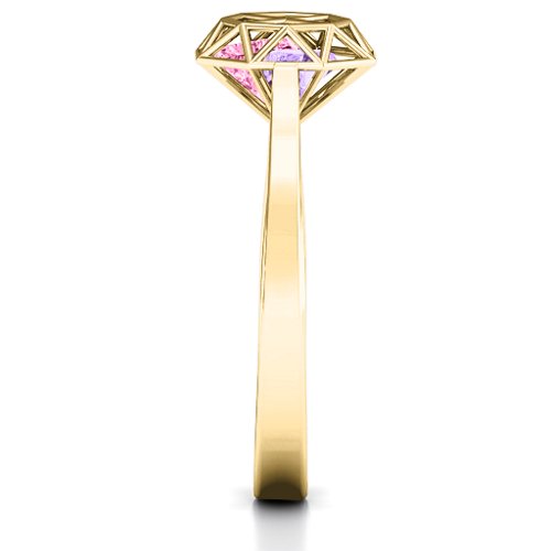 Diamond Cage Ring with Encased Heart Stones – 10K Yellow Gold with Pink Tourmaline and Amethyst