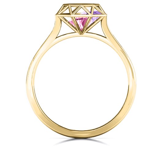 Diamond Cage Ring with Encased Heart Stones – 10K Yellow Gold with Pink Tourmaline and Amethyst
