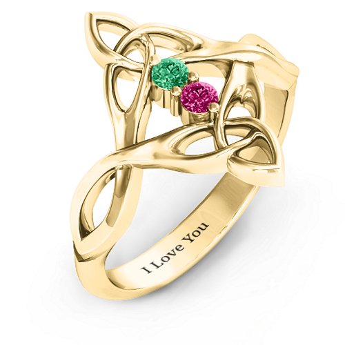 Celtic Sparkle Ring with Interwoven Infinity Band – 10K Yellow Gold with Emerald and Ruby