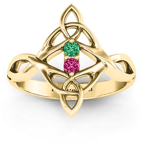 Celtic Sparkle Ring with Interwoven Infinity Band – 10K Yellow Gold with Emerald and Ruby