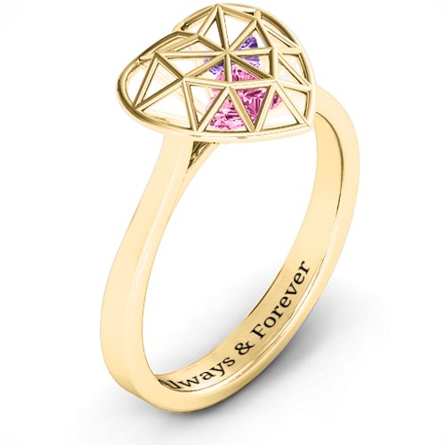Diamond Heart Cage Ring With Encased Heart Stones