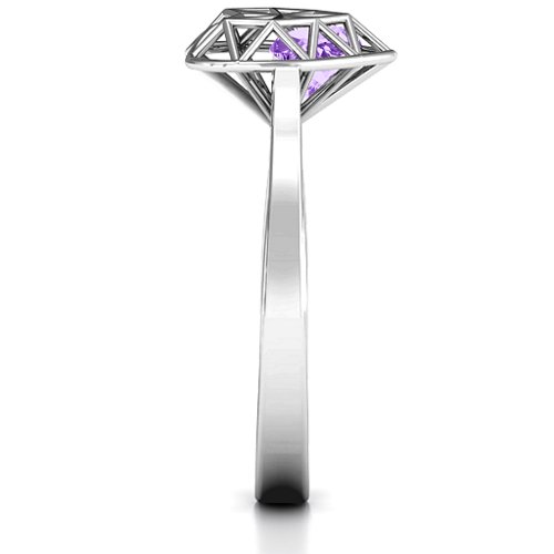 Diamond Heart Cage Ring With Encased Heart Stones – Sterling Silver with Amethyst