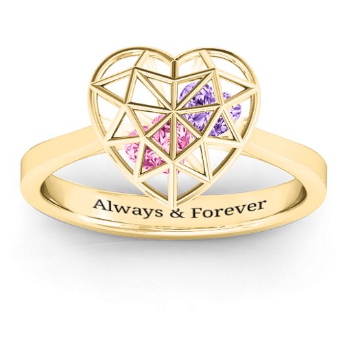 Diamond Heart Cage Ring With Encased Heart Stones