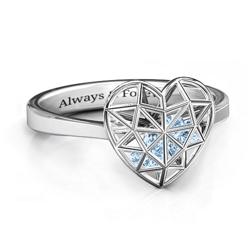 Diamond Heart Cage Ring With Encased Heart Stones – Sterling Silver with Aquamarine