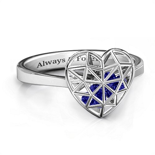 Diamond Heart Cage Ring With Encased Heart Stones