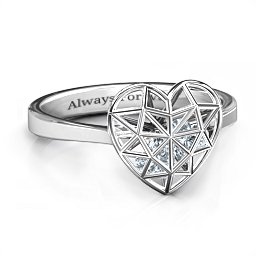 Diamond Heart Cage Ring With Encased Heart Stones in 925 Sterling Silver with Diamond and Ruby