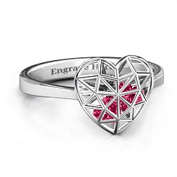 Diamond Heart Cage Ring With Encased Heart Stones in 925 Sterling Silver with Ruby