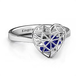 Diamond Heart Cage Ring With Encased Heart Stones in 925 Sterling Silver with Blue Sapphire and Ruby