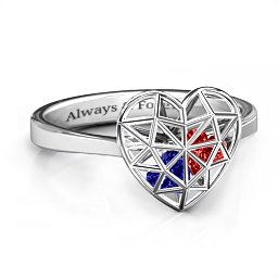 Diamond Heart Cage Ring With Encased Heart Stones in 925 Sterling Silver with Blue Sapphire, Garnet, and Ruby