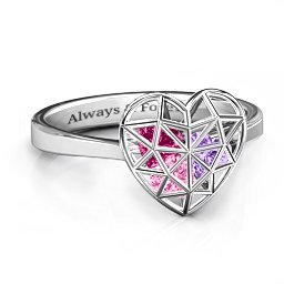 Diamond Heart Cage Ring With Encased Heart Stones in 925 Sterling Silver with Pink Tourmaline, Amethyst, and Ruby