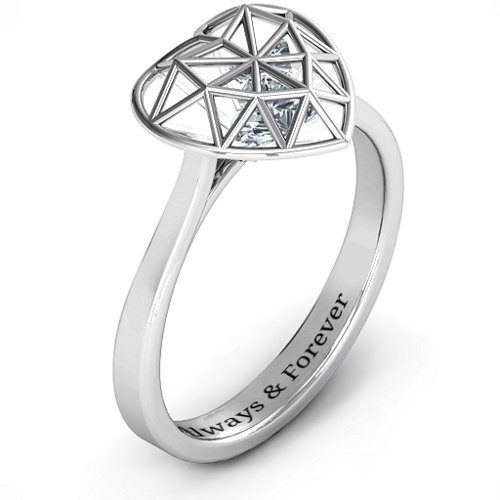 Diamond Heart Cage Ring With Encased Heart Stones – Sterling Silver with Diamond