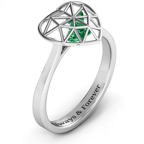 Diamond Heart Cage Ring With Encased Heart Stones – Sterling Silver with Emerald
