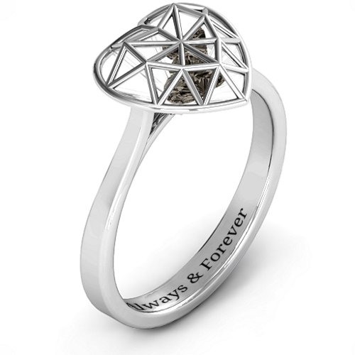 Diamond Heart Cage Ring With Encased Heart Stones – Sterling Silver with Smokey Quartz