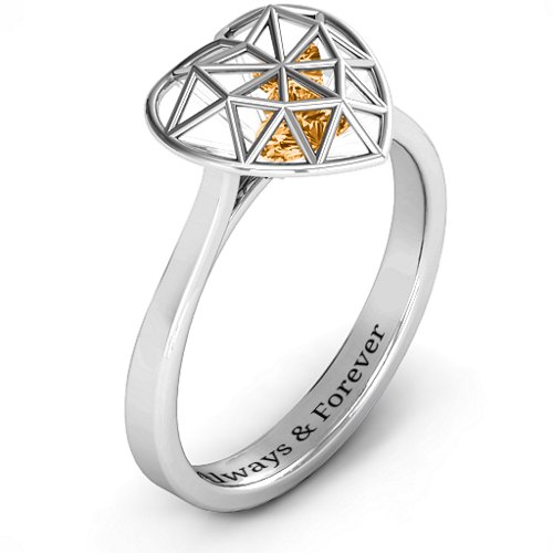 Diamond Heart Cage Ring With Encased Heart Stones – Sterling Silver with Citrine