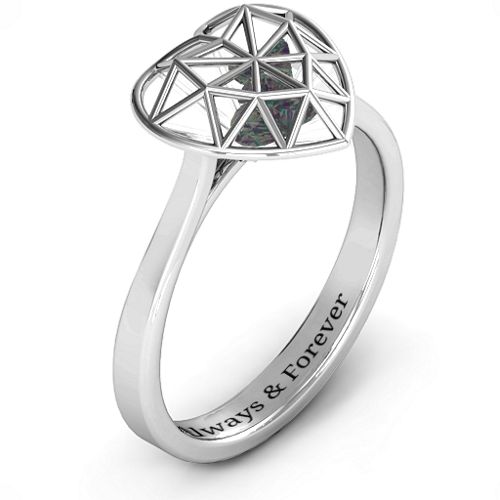 Diamond Heart Cage Ring With Encased Heart Stones – Sterling Silver with Alexandrite