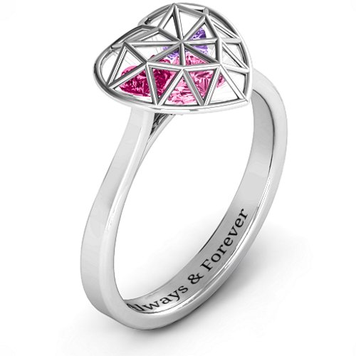 Diamond Heart Cage Ring With Encased Heart Stones – Sterling Silver with Pink Tourmaline, Amethyst, and Ruby