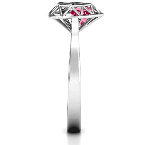 Diamond Heart Cage Ring With Encased Heart Stones – Sterling Silver with Ruby