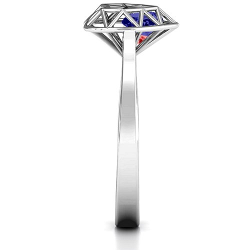 Diamond Heart Cage Ring With Encased Heart Stones – Sterling Silver with Blue Sapphire and Garnet