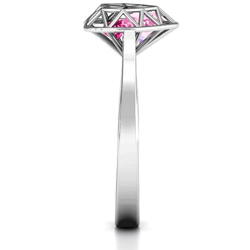 Diamond Heart Cage Ring With Encased Heart Stones – Sterling Silver with Pink Tourmaline, Amethyst, and Ruby