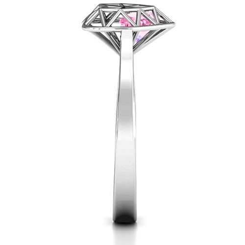 Diamond Heart Cage Ring With Encased Heart Stones – Sterling Silver with Pink Tourmaline and Amethyst