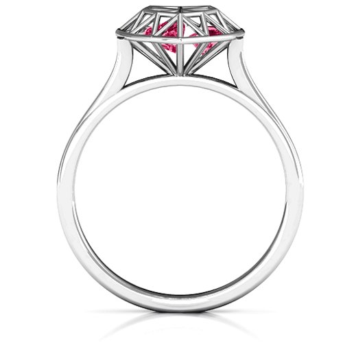 Diamond Heart Cage Ring With Encased Heart Stones – Sterling Silver with Ruby