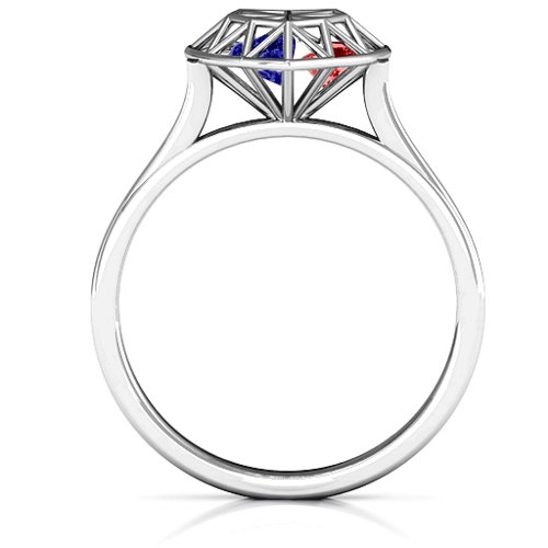 Diamond Heart Cage Ring With Encased Heart Stones – Sterling Silver with Blue Sapphire and Garnet
