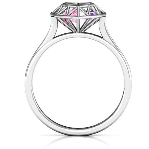 Diamond Heart Cage Ring With Encased Heart Stones – Sterling Silver with Pink Tourmaline, Amethyst, and Ruby