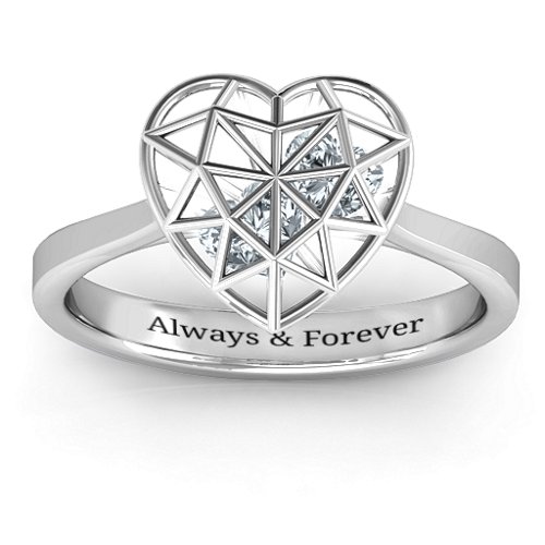 Diamond Heart Cage Ring With Encased Heart Stones – Sterling Silver with Diamond
