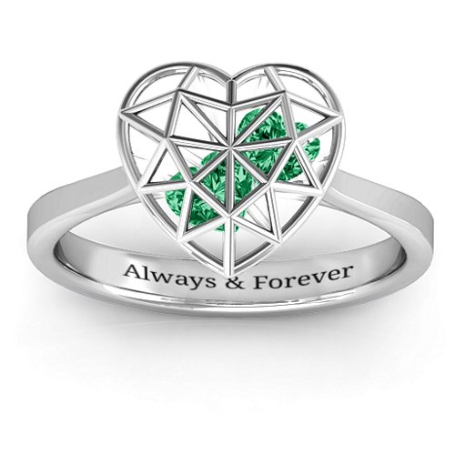 Diamond Heart Cage Ring With Encased Heart Stones – Sterling Silver with Emerald