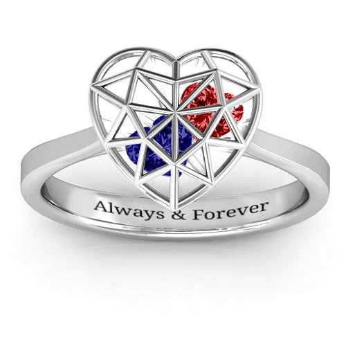Diamond Heart Cage Ring With Encased Heart Stones – Sterling Silver with Blue Sapphire and Garnet
