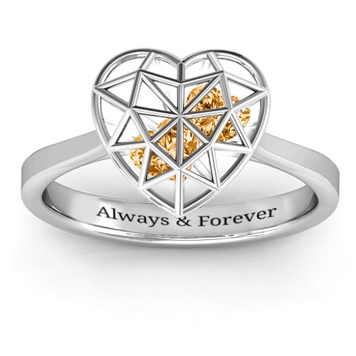 Diamond Heart Cage Ring With Encased Heart Stones – Sterling Silver with Citrine