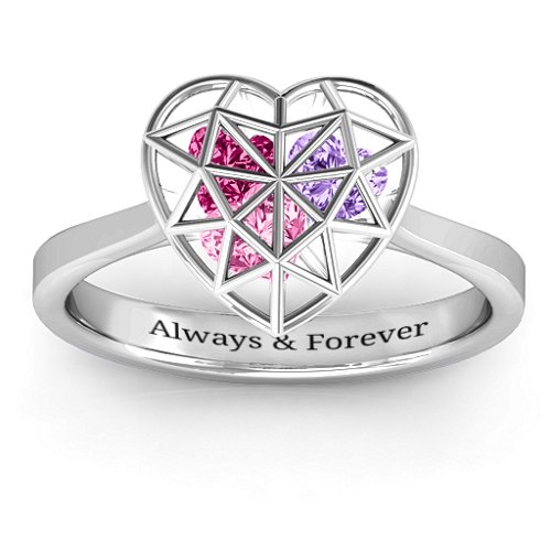 Diamond Heart Cage Ring With Encased Heart Stones – Sterling Silver with Pink Tourmaline, Amethyst, and Ruby