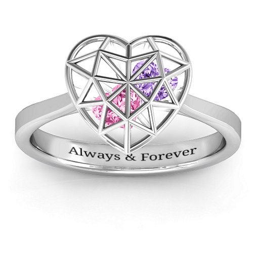 Diamond Heart Cage Ring With Encased Heart Stones – Sterling Silver with Pink Tourmaline and Amethyst