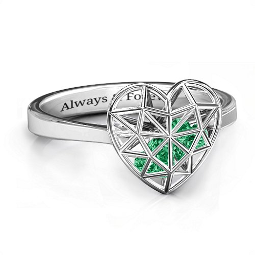 Diamond Heart Cage Ring With Encased Heart Stones – Sterling Silver with Emerald