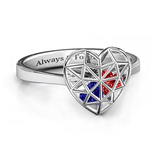 Diamond Heart Cage Ring With Encased Heart Stones – Sterling Silver with Blue Sapphire and Garnet