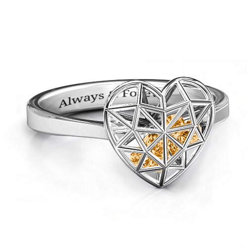 Diamond Heart Cage Ring With Encased Heart Stones – Sterling Silver with Citrine