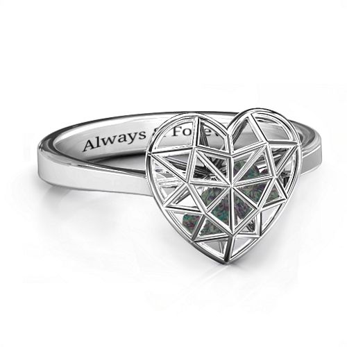 Diamond Heart Cage Ring With Encased Heart Stones – Sterling Silver with Alexandrite
