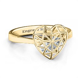 Diamond Heart Cage Ring With Encased Heart Stones in 10K Solid Yellow Gold with Cubic Zirconia and Ruby