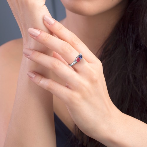 Darling Duo Double Gemstone Ring – Sterling Silver with Aquamarine, Cubic Zirconia, and Pink Tourmaline