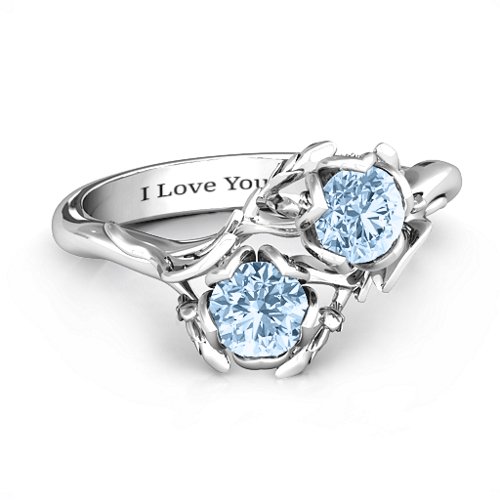 Be-leaf In Love Double Gemstone Floral Ring – Sterling Silver with Aquamarine