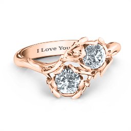 Be-leaf In Love Double Gemstone Floral Ring in 10K Solid Rose Gold with Cubic Zirconia