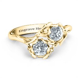 Be-leaf In Love Double Gemstone Floral Ring in 10K Solid Yellow Gold with Cubic Zirconia