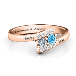 Must Be Love Two Stone Ring in 10K Solid Rose Gold with Cubic Zirconia, Blue Topaz, and White Premium Zirconia