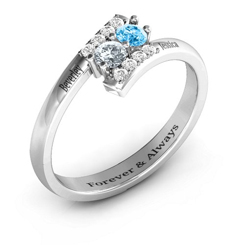 Must Be Love Two Stone Ring – Sterling Silver with Cubic Zirconia, Blue Topaz, and White Premium Zirconia